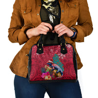 New Zealand Tuatara Christmas Shoulder Handbag Silver Fern and Xmas Pohutukawa Tree Red Color LT03 - Polynesian Pride