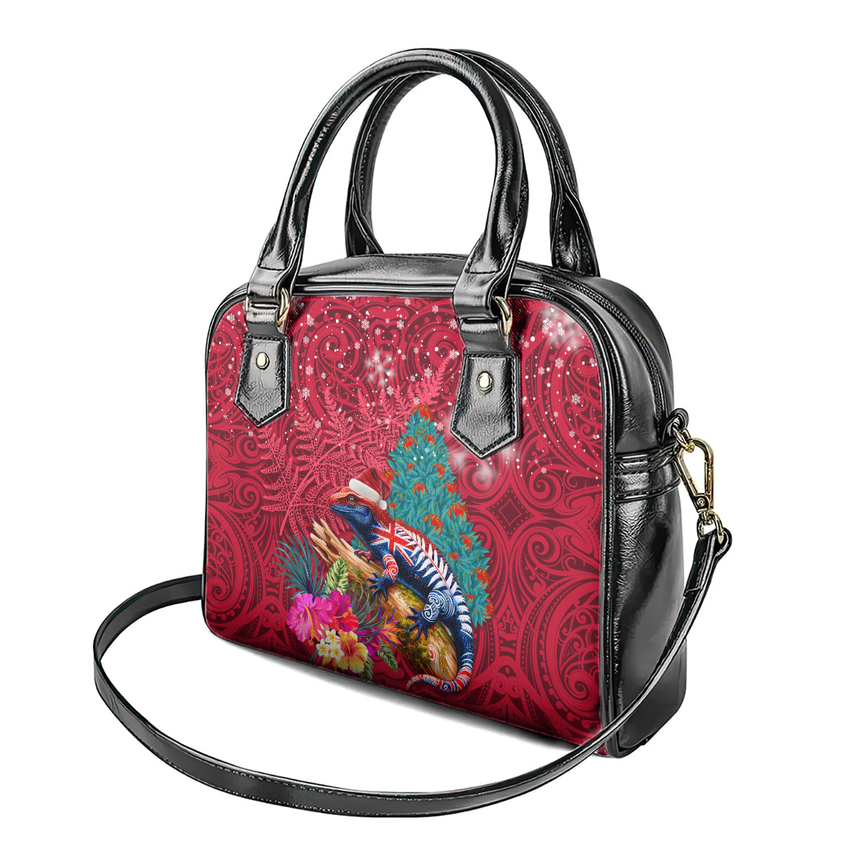 New Zealand Tuatara Christmas Shoulder Handbag Silver Fern and Xmas Pohutukawa Tree Red Color LT03 - Polynesian Pride