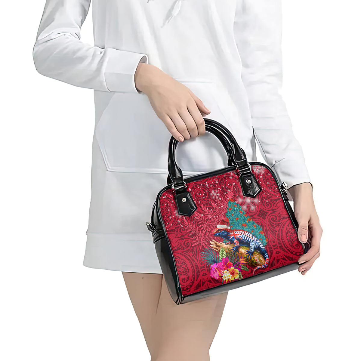 New Zealand Tuatara Christmas Shoulder Handbag Silver Fern and Xmas Pohutukawa Tree Red Color LT03 - Polynesian Pride
