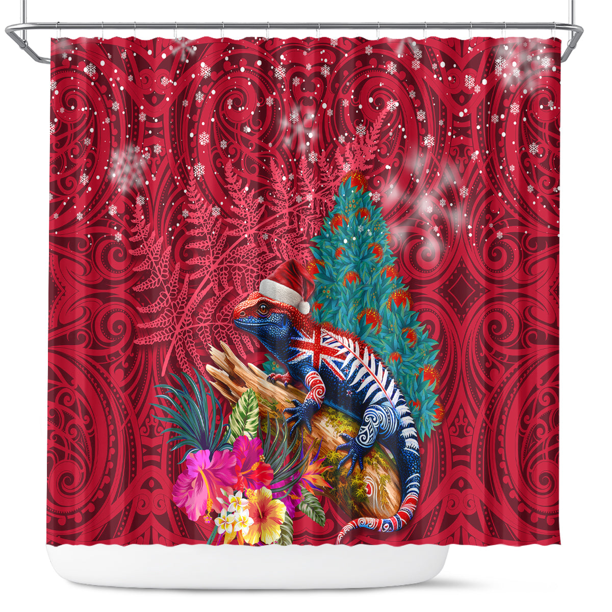 New Zealand Tuatara Christmas Shower Curtain Silver Fern and Xmas Pohutukawa Tree Red Color LT03 Red - Polynesian Pride