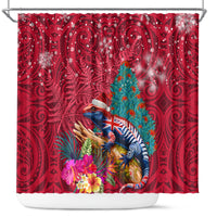 New Zealand Tuatara Christmas Shower Curtain Silver Fern and Xmas Pohutukawa Tree Red Color LT03 Red - Polynesian Pride