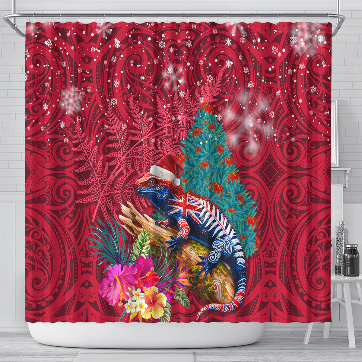 New Zealand Tuatara Christmas Shower Curtain Silver Fern and Xmas Pohutukawa Tree Red Color LT03 - Polynesian Pride