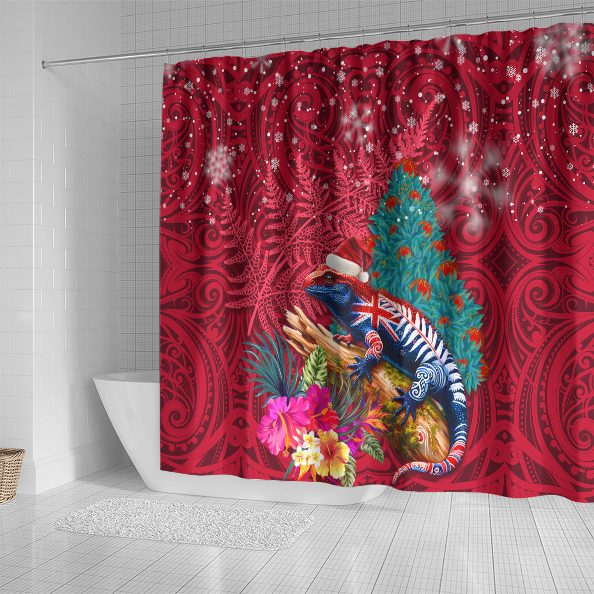 New Zealand Tuatara Christmas Shower Curtain Silver Fern and Xmas Pohutukawa Tree Red Color LT03 - Polynesian Pride