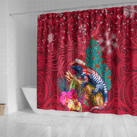New Zealand Tuatara Christmas Shower Curtain Silver Fern and Xmas Pohutukawa Tree Red Color LT03 - Polynesian Pride