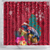 New Zealand Tuatara Christmas Shower Curtain Silver Fern and Xmas Pohutukawa Tree Red Color LT03 - Polynesian Pride