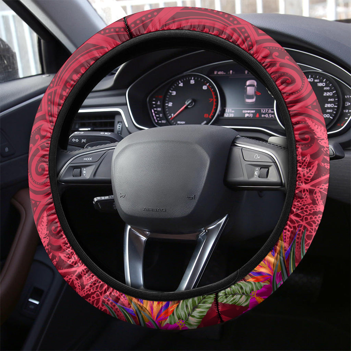 New Zealand Tuatara Christmas Steering Wheel Cover Silver Fern and Xmas Pohutukawa Tree Red Color LT03 - Polynesian Pride