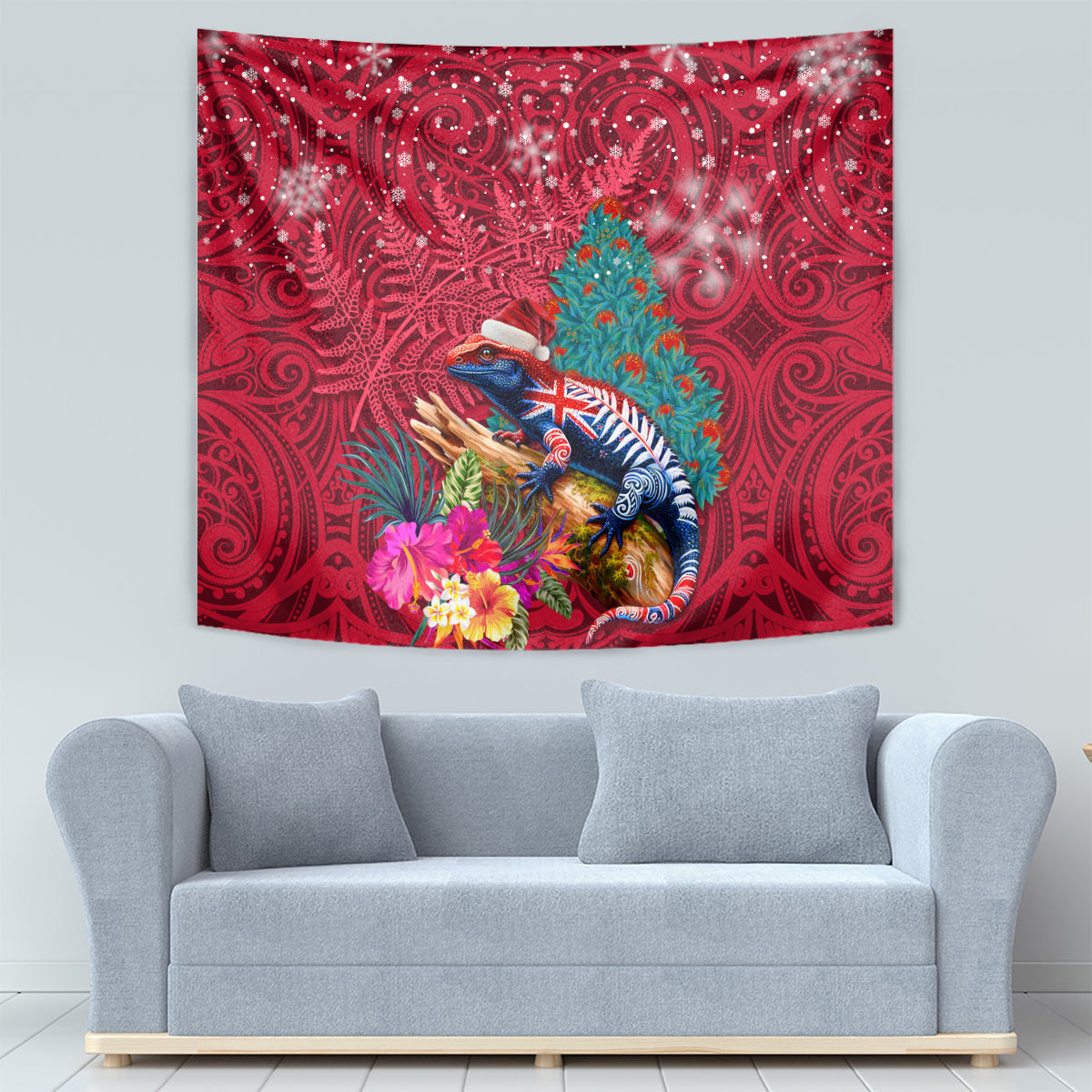 New Zealand Tuatara Christmas Tapestry Silver Fern and Xmas Pohutukawa Tree Red Color