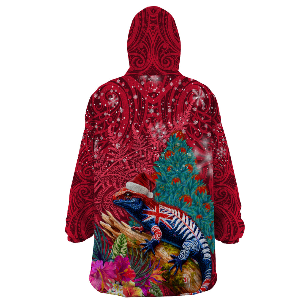 New Zealand Tuatara Christmas Wearable Blanket Hoodie Silver Fern and Xmas Pohutukawa Tree Red Color LT03 - Polynesian Pride
