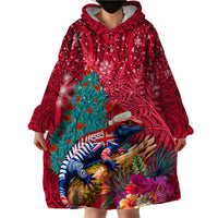 New Zealand Tuatara Christmas Wearable Blanket Hoodie Silver Fern and Xmas Pohutukawa Tree Red Color LT03 - Polynesian Pride