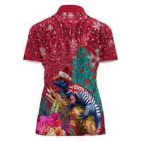New Zealand Tuatara Christmas Women Polo Shirt Silver Fern and Xmas Pohutukawa Tree Red Color LT03 - Polynesian Pride