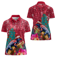 New Zealand Tuatara Christmas Women Polo Shirt Silver Fern and Xmas Pohutukawa Tree Red Color LT03 - Polynesian Pride