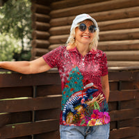 New Zealand Tuatara Christmas Women Polo Shirt Silver Fern and Xmas Pohutukawa Tree Red Color LT03 - Polynesian Pride
