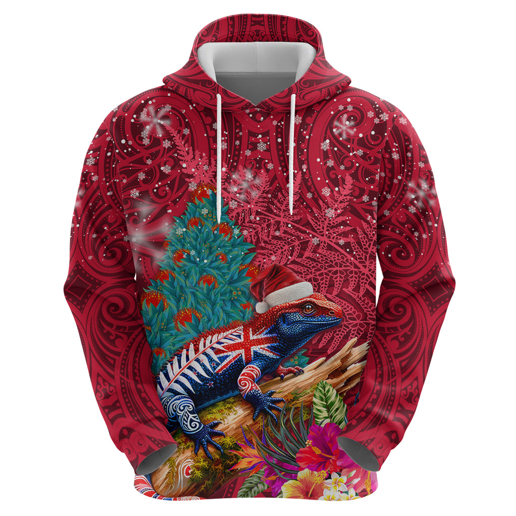 New Zealand Tuatara Christmas Zip Hoodie Silver Fern and Xmas Pohutukawa Tree Red Color LT03 - Polynesian Pride