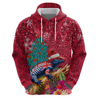 New Zealand Tuatara Christmas Zip Hoodie Silver Fern and Xmas Pohutukawa Tree Red Color LT03 - Polynesian Pride