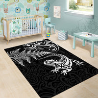New Zealand Tuatara Tribal Tattoo Area Rug Silver Fern and Maori Pattern Black Color