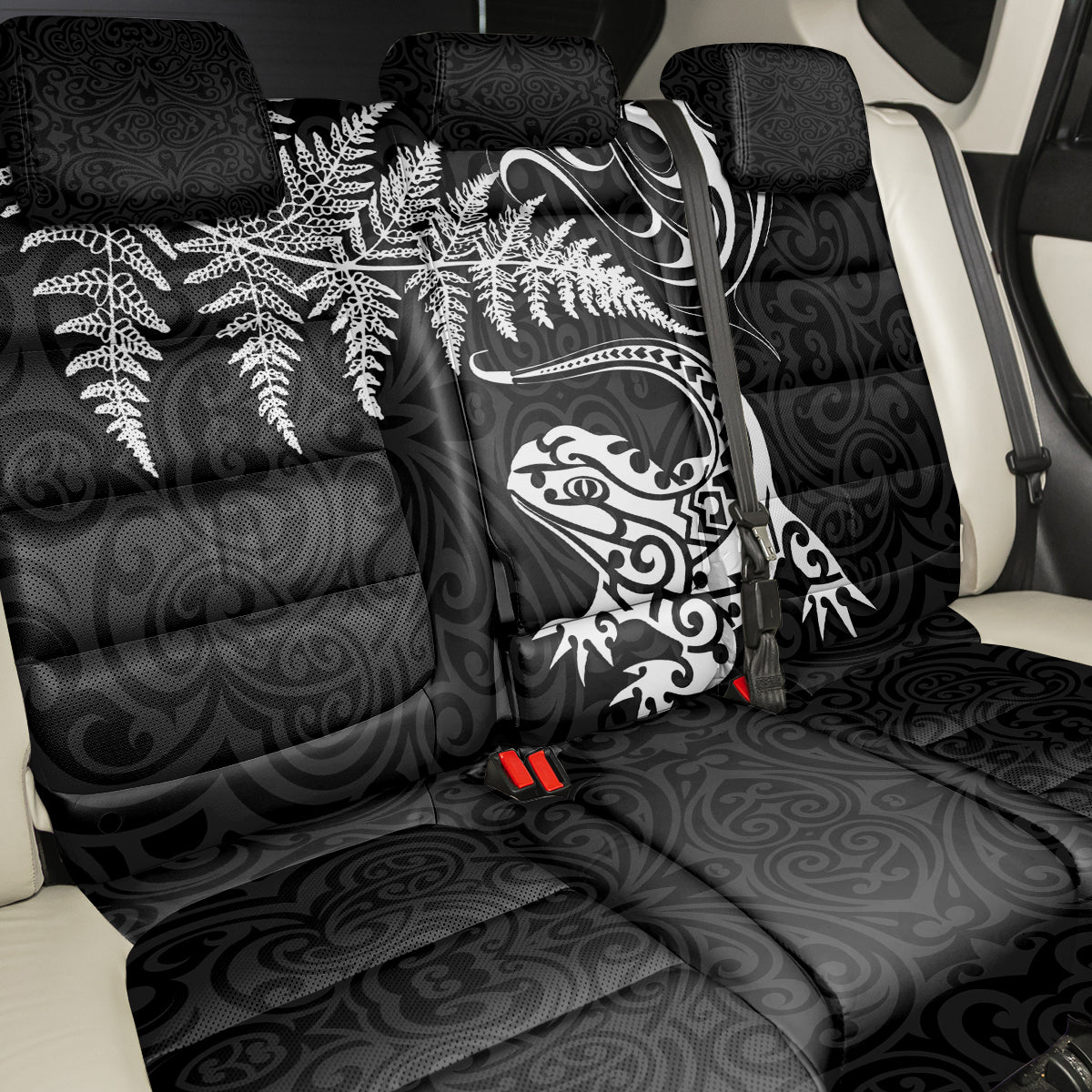New Zealand Tuatara Tribal Tattoo Back Car Seat Cover Silver Fern and Maori Pattern Black Color LT03 - Polynesian Pride