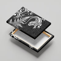 New Zealand Tuatara Tribal Tattoo Canvas Wall Art Silver Fern and Maori Pattern Black Color
