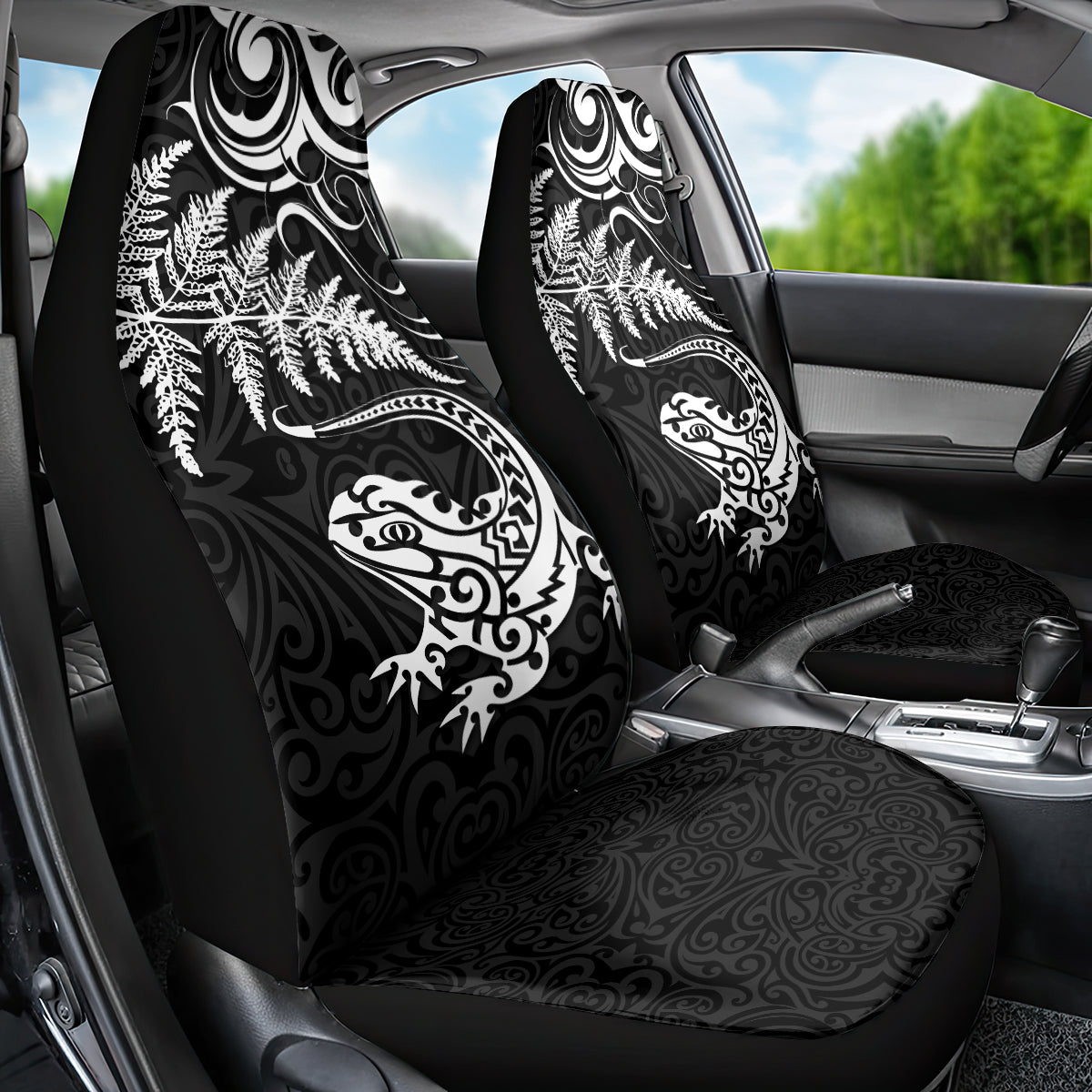 New Zealand Tuatara Tribal Tattoo Car Seat Cover Silver Fern and Maori Pattern Black Color LT03 - Polynesian Pride