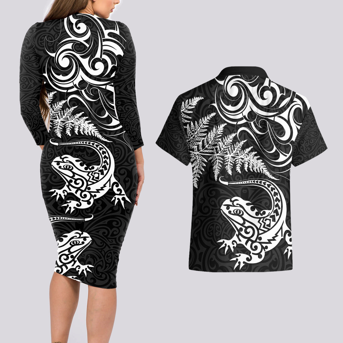 New Zealand Tuatara Tribal Tattoo Couples Matching Long Sleeve Bodycon Dress and Hawaiian Shirt Silver Fern and Maori Pattern Black Color LT03 - Polynesian Pride