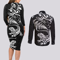 New Zealand Tuatara Tribal Tattoo Couples Matching Long Sleeve Bodycon Dress and Long Sleeve Button Shirt Silver Fern and Maori Pattern Black Color LT03 - Polynesian Pride