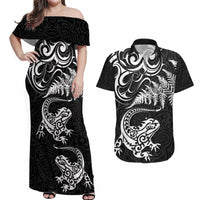 New Zealand Tuatara Tribal Tattoo Couples Matching Off Shoulder Maxi Dress and Hawaiian Shirt Silver Fern and Maori Pattern Black Color LT03 Black - Polynesian Pride