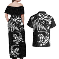 New Zealand Tuatara Tribal Tattoo Couples Matching Off Shoulder Maxi Dress and Hawaiian Shirt Silver Fern and Maori Pattern Black Color LT03 - Polynesian Pride