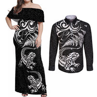 New Zealand Tuatara Tribal Tattoo Couples Matching Off Shoulder Maxi Dress and Long Sleeve Button Shirt Silver Fern and Maori Pattern Black Color LT03 Black - Polynesian Pride