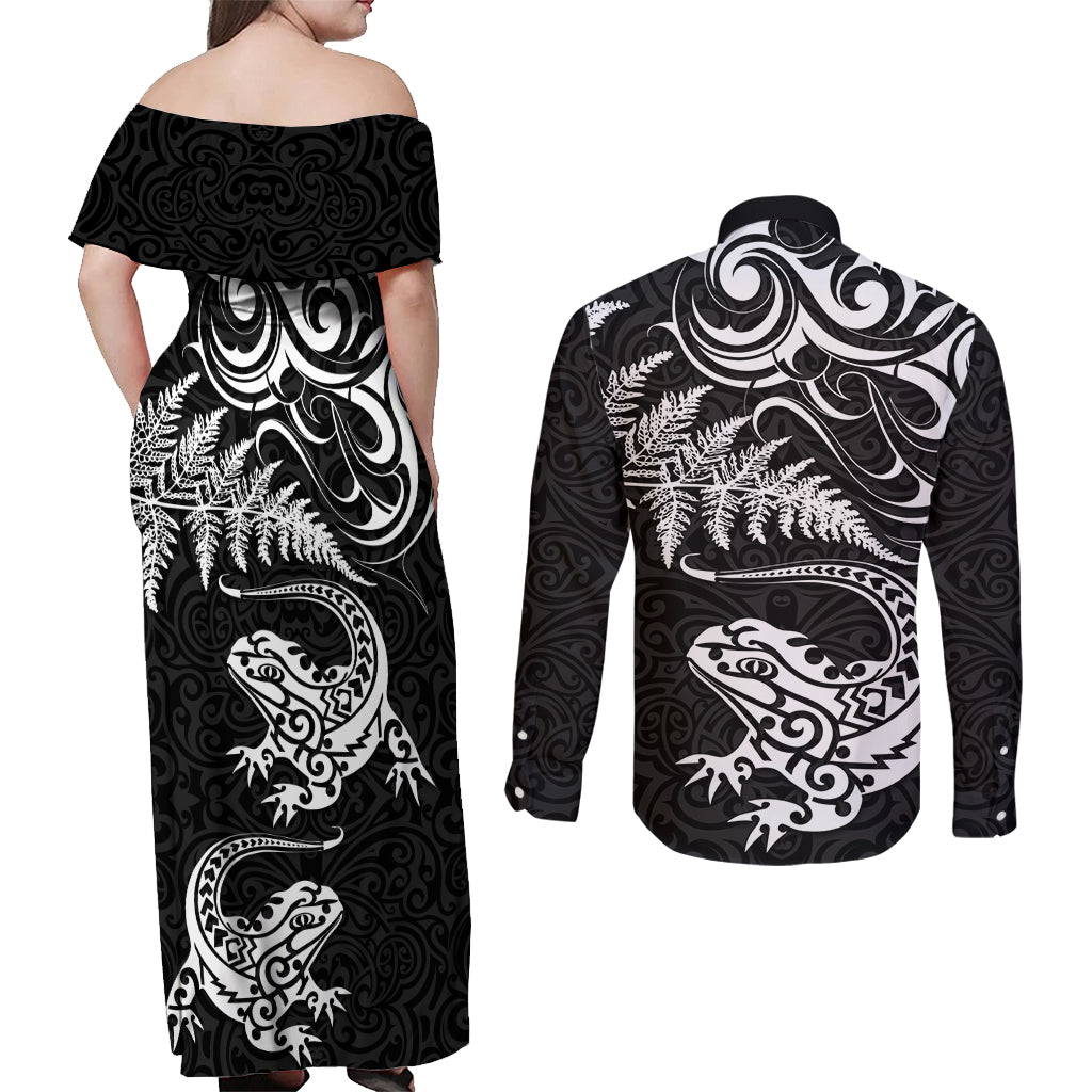 New Zealand Tuatara Tribal Tattoo Couples Matching Off Shoulder Maxi Dress and Long Sleeve Button Shirt Silver Fern and Maori Pattern Black Color LT03 - Polynesian Pride