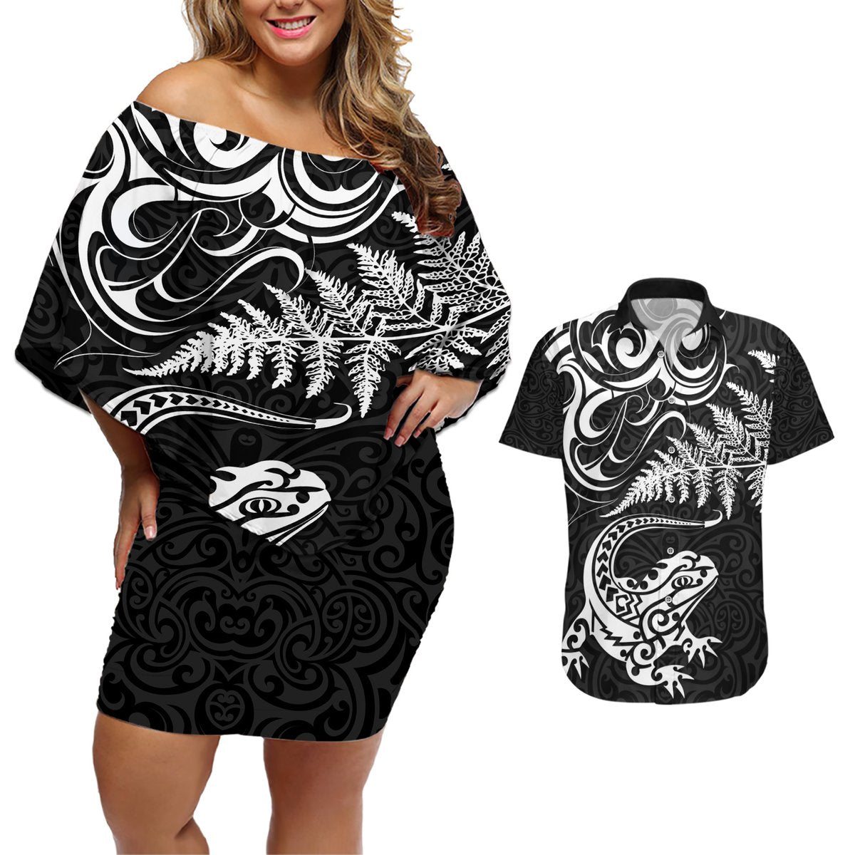 New Zealand Tuatara Tribal Tattoo Couples Matching Off Shoulder Short Dress and Hawaiian Shirt Silver Fern and Maori Pattern Black Color LT03 Black - Polynesian Pride