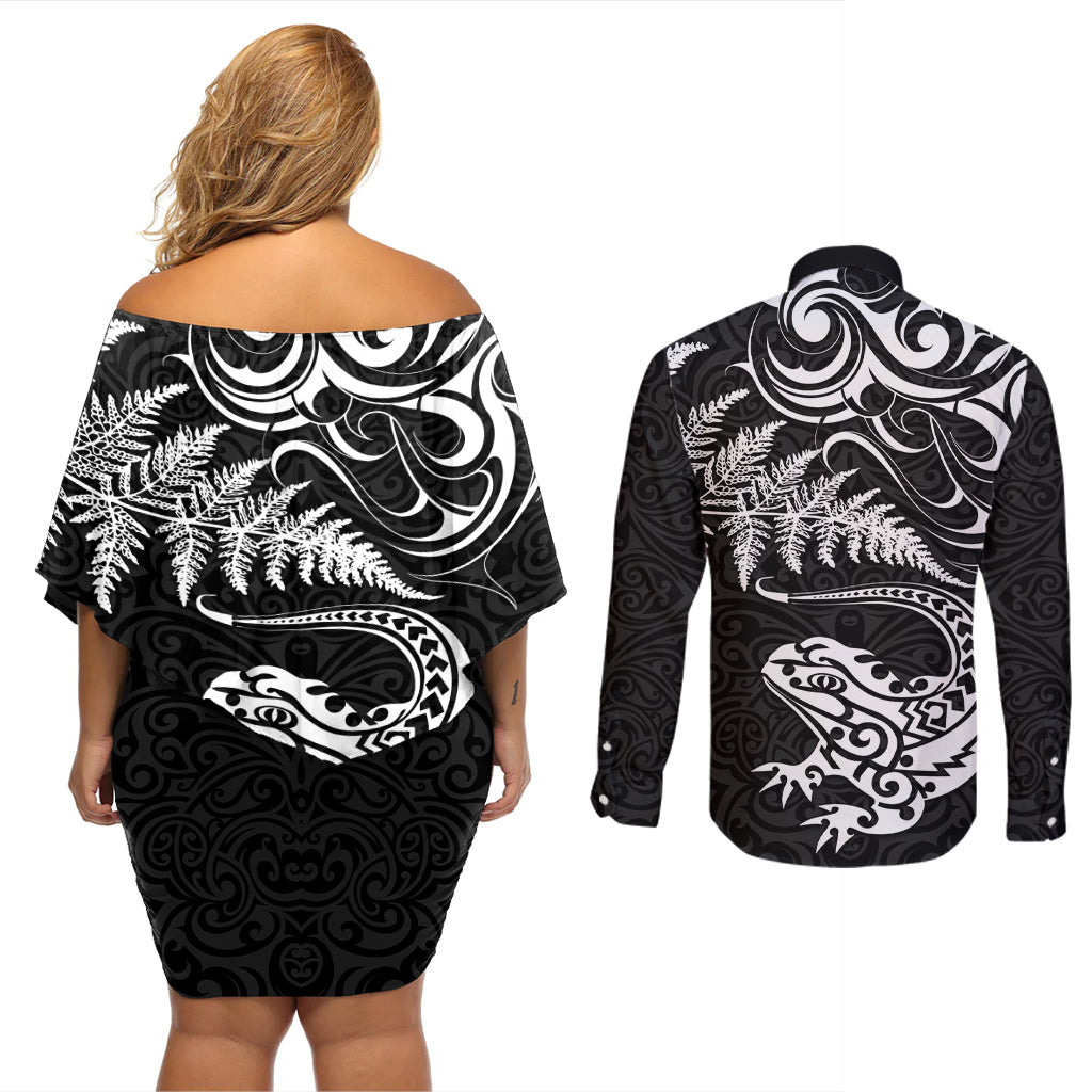 New Zealand Tuatara Tribal Tattoo Couples Matching Off Shoulder Short Dress and Long Sleeve Button Shirt Silver Fern and Maori Pattern Black Color LT03 - Polynesian Pride