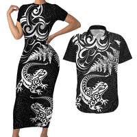New Zealand Tuatara Tribal Tattoo Couples Matching Short Sleeve Bodycon Dress and Hawaiian Shirt Silver Fern and Maori Pattern Black Color LT03 Black - Polynesian Pride