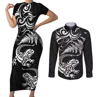 New Zealand Tuatara Tribal Tattoo Couples Matching Short Sleeve Bodycon Dress and Long Sleeve Button Shirt Silver Fern and Maori Pattern Black Color LT03 Black - Polynesian Pride
