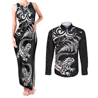 New Zealand Tuatara Tribal Tattoo Couples Matching Tank Maxi Dress and Long Sleeve Button Shirt Silver Fern and Maori Pattern Black Color LT03 Black - Polynesian Pride