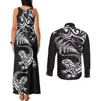 New Zealand Tuatara Tribal Tattoo Couples Matching Tank Maxi Dress and Long Sleeve Button Shirt Silver Fern and Maori Pattern Black Color LT03 - Polynesian Pride