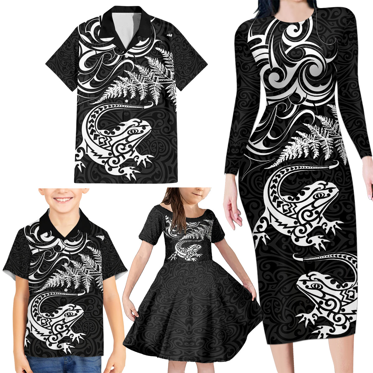 New Zealand Tuatara Tribal Tattoo Family Matching Long Sleeve Bodycon Dress and Hawaiian Shirt Silver Fern and Maori Pattern Black Color LT03 - Polynesian Pride