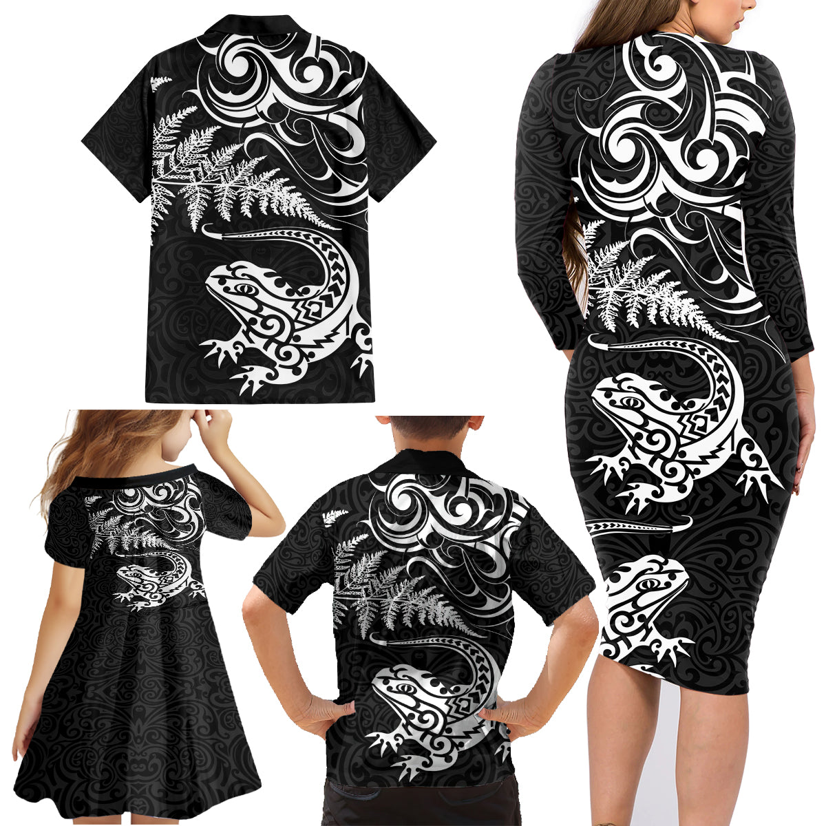 New Zealand Tuatara Tribal Tattoo Family Matching Long Sleeve Bodycon Dress and Hawaiian Shirt Silver Fern and Maori Pattern Black Color LT03 - Polynesian Pride