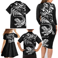 New Zealand Tuatara Tribal Tattoo Family Matching Long Sleeve Bodycon Dress and Hawaiian Shirt Silver Fern and Maori Pattern Black Color LT03 - Polynesian Pride