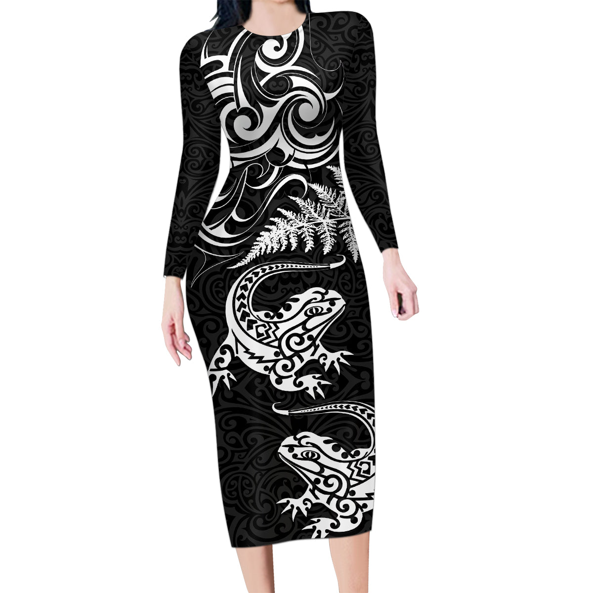New Zealand Tuatara Tribal Tattoo Family Matching Long Sleeve Bodycon Dress and Hawaiian Shirt Silver Fern and Maori Pattern Black Color LT03 Mom's Dress Black - Polynesian Pride