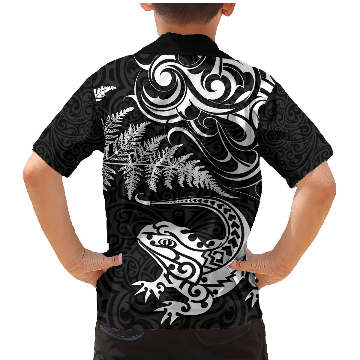 New Zealand Tuatara Tribal Tattoo Family Matching Mermaid Dress and Hawaiian Shirt Silver Fern and Maori Pattern Black Color LT03 - Polynesian Pride