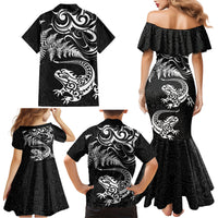 New Zealand Tuatara Tribal Tattoo Family Matching Mermaid Dress and Hawaiian Shirt Silver Fern and Maori Pattern Black Color LT03 - Polynesian Pride