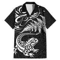 New Zealand Tuatara Tribal Tattoo Family Matching Mermaid Dress and Hawaiian Shirt Silver Fern and Maori Pattern Black Color LT03 Dad's Shirt - Short Sleeve Black - Polynesian Pride