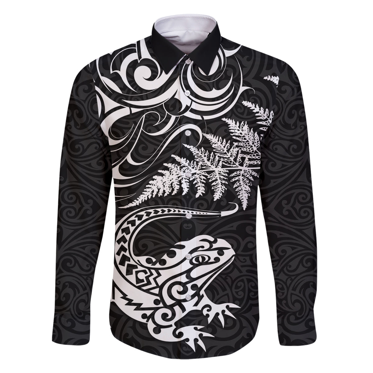 New Zealand Tuatara Tribal Tattoo Family Matching Mermaid Dress and Hawaiian Shirt Silver Fern and Maori Pattern Black Color LT03 Dad's Shirt - Long Sleeve Black - Polynesian Pride