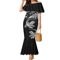 New Zealand Tuatara Tribal Tattoo Family Matching Mermaid Dress and Hawaiian Shirt Silver Fern and Maori Pattern Black Color LT03 Mom's Dress Black - Polynesian Pride