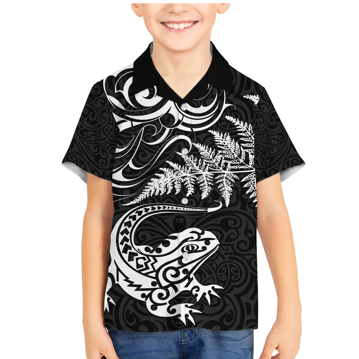 New Zealand Tuatara Tribal Tattoo Family Matching Mermaid Dress and Hawaiian Shirt Silver Fern and Maori Pattern Black Color LT03 Son's Shirt Black - Polynesian Pride