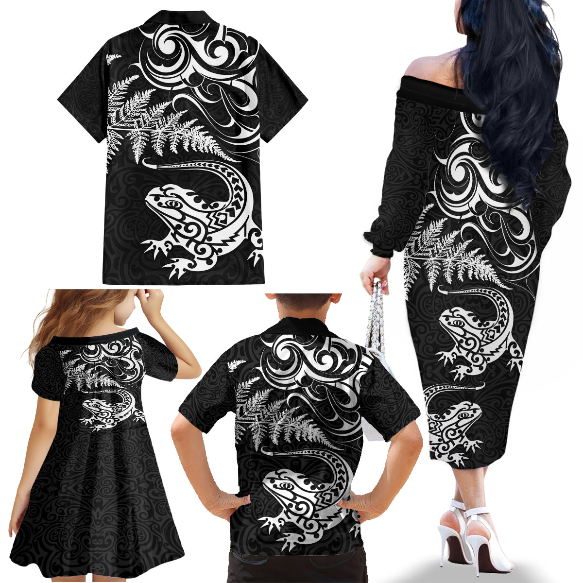 New Zealand Tuatara Tribal Tattoo Family Matching Off The Shoulder Long Sleeve Dress and Hawaiian Shirt Silver Fern and Maori Pattern Black Color LT03 - Polynesian Pride