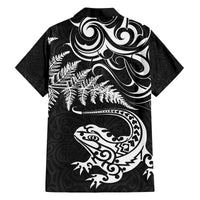 New Zealand Tuatara Tribal Tattoo Family Matching Off The Shoulder Long Sleeve Dress and Hawaiian Shirt Silver Fern and Maori Pattern Black Color LT03 - Polynesian Pride