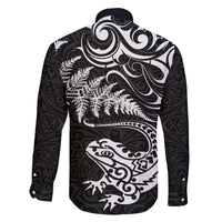 New Zealand Tuatara Tribal Tattoo Family Matching Off The Shoulder Long Sleeve Dress and Hawaiian Shirt Silver Fern and Maori Pattern Black Color LT03 - Polynesian Pride
