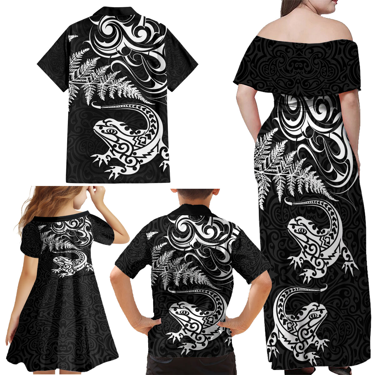 New Zealand Tuatara Tribal Tattoo Family Matching Off Shoulder Maxi Dress and Hawaiian Shirt Silver Fern and Maori Pattern Black Color LT03 - Polynesian Pride