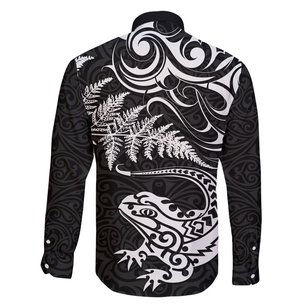 New Zealand Tuatara Tribal Tattoo Family Matching Off Shoulder Maxi Dress and Hawaiian Shirt Silver Fern and Maori Pattern Black Color LT03 - Polynesian Pride