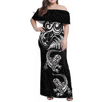 New Zealand Tuatara Tribal Tattoo Family Matching Off Shoulder Maxi Dress and Hawaiian Shirt Silver Fern and Maori Pattern Black Color LT03 Mom's Dress Black - Polynesian Pride